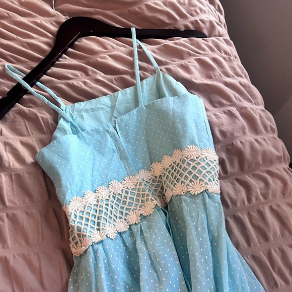 vintage light blue lace polka dot maxi dress daisy lace empire waist - Picture 11 of 13